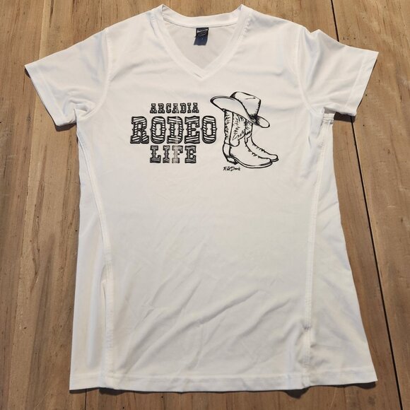 Arcadia Rodeo Life T-Shirt Cowgirl Boots V-Neck Western White Womens Medium‎ - Picture 3 of 9